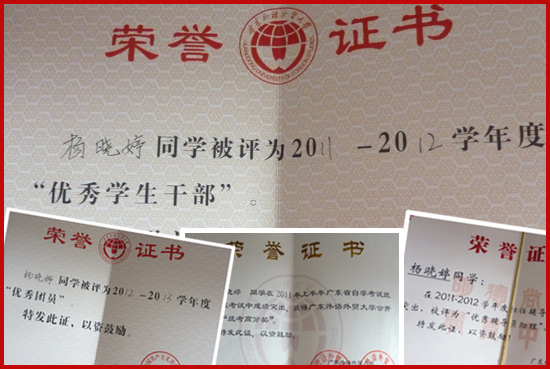 杨晓婷 获奖证书